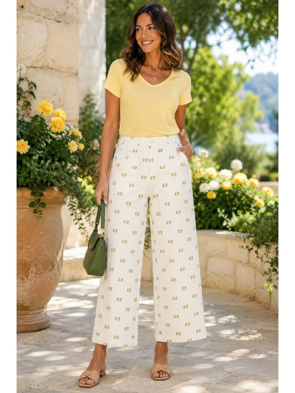 New The Tiny Big Sister Off-White Floral Print Wide-Leg 100% Cotton Pants Womens - Picture 1 of 12